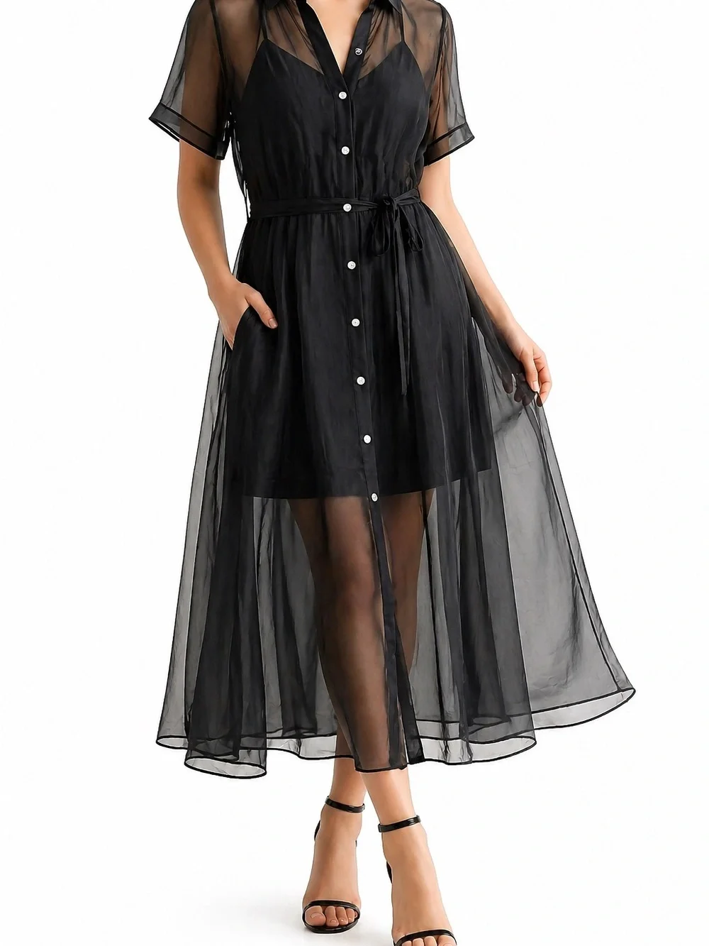 MELLODAY Sheer Black Button-Front Maxi Dress with Tie Waist - Picture 1 of 4